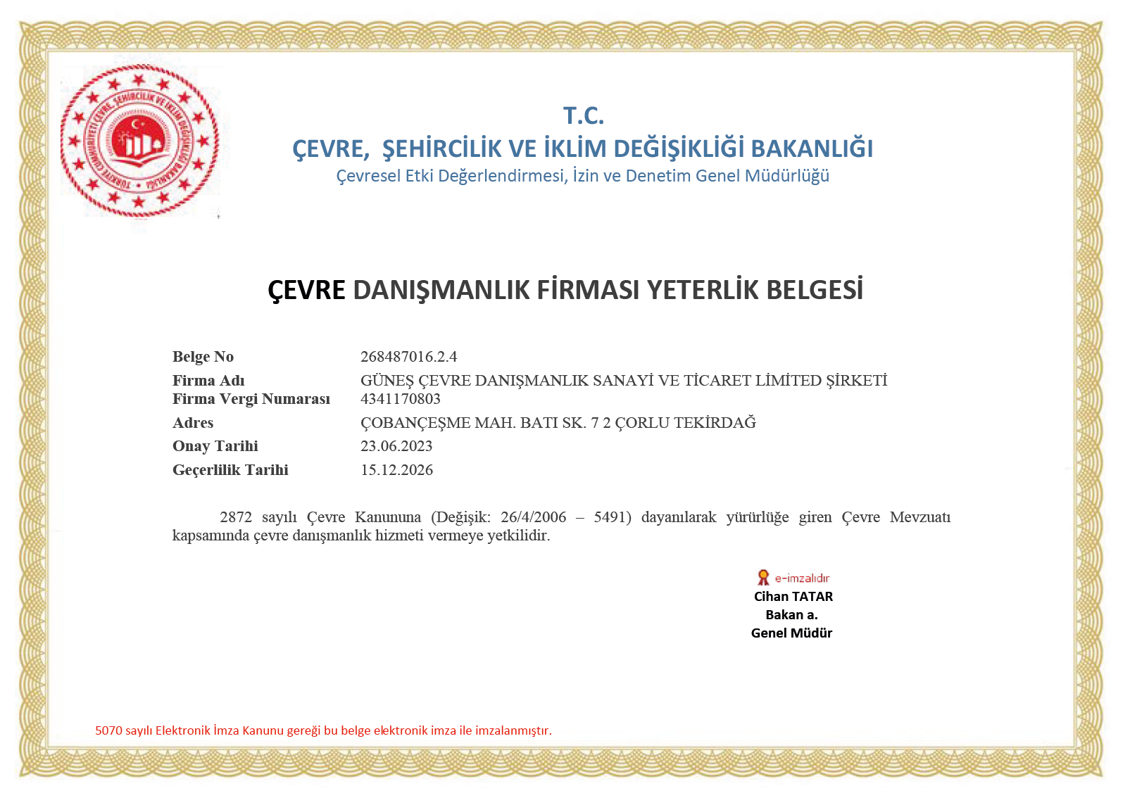 Çevre Danışmanlık Firması Yeterlik Belgesi